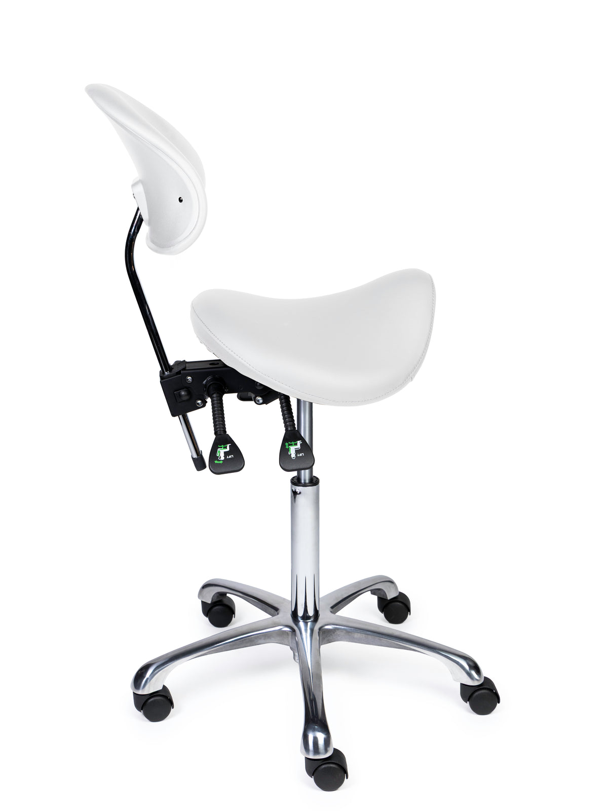 Ergonomischer Sattelhocker mit Rückenlehne Premium Weiß auf Rollen