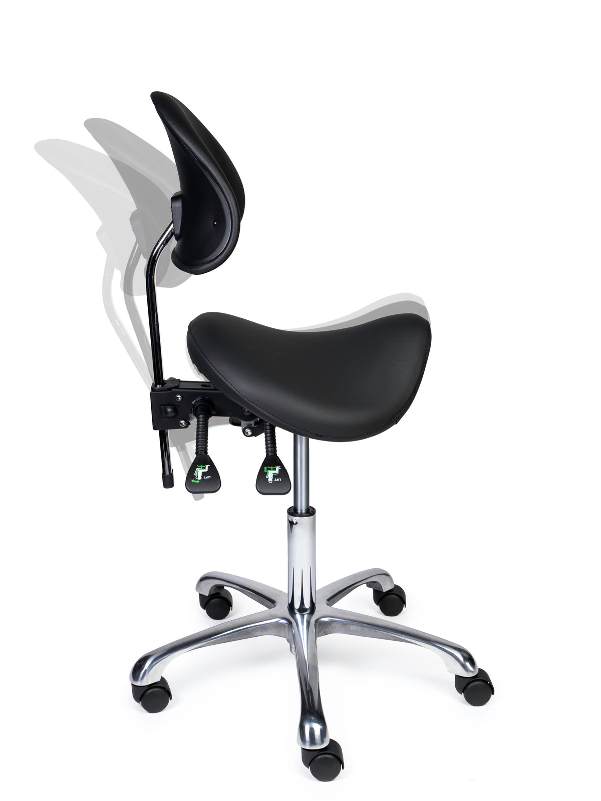 Ergonomischer Sattelhocker mit Rückenlehne Premium Schwarz auf Rollen