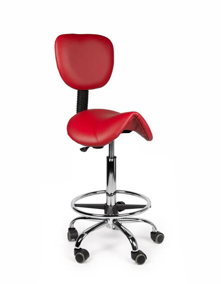 Ergonomischer Sattelhocker Rot mit Lehne auf Rollen