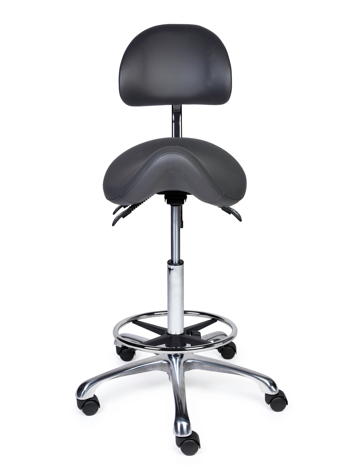 Ergonomischer Sattelhocker mit Rückenlehne Premium Grau auf Rollen