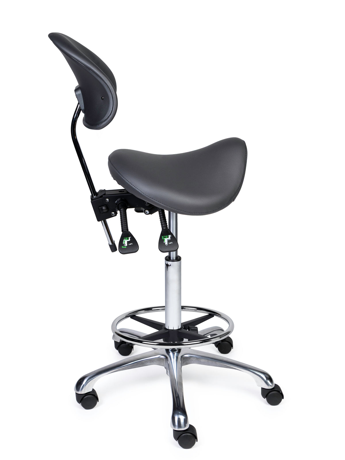 Ergonomischer Sattelhocker mit Rückenlehne Premium Grau auf Rollen