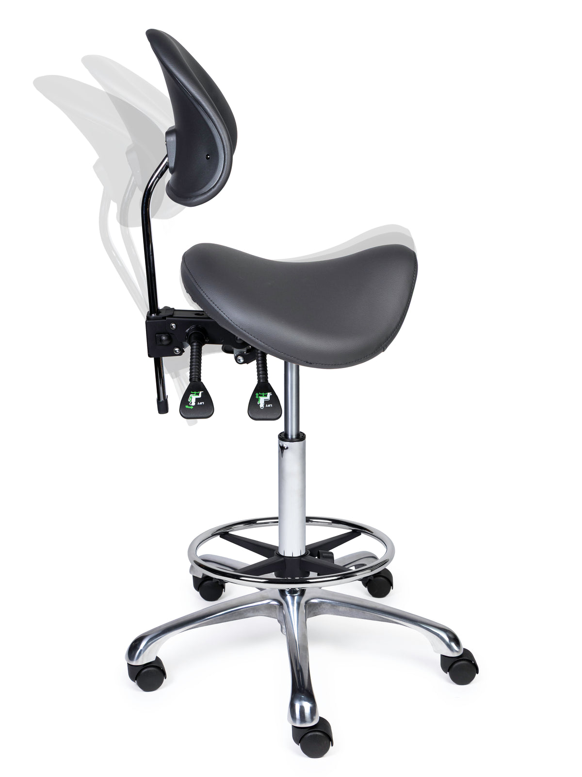Ergonomischer Sattelhocker mit Rückenlehne Premium Grau auf Rollen