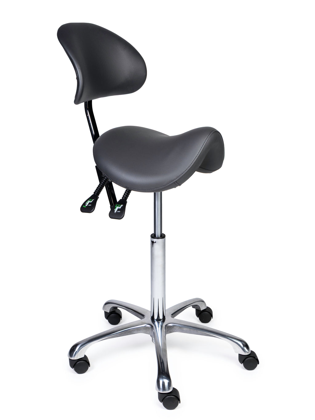 Ergonomischer Sattelhocker mit Rückenlehne Premium Grau auf Rollen