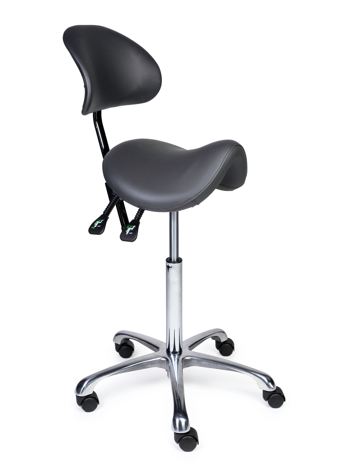 Ergonomischer Sattelhocker mit Rückenlehne Premium Grau auf Rollen