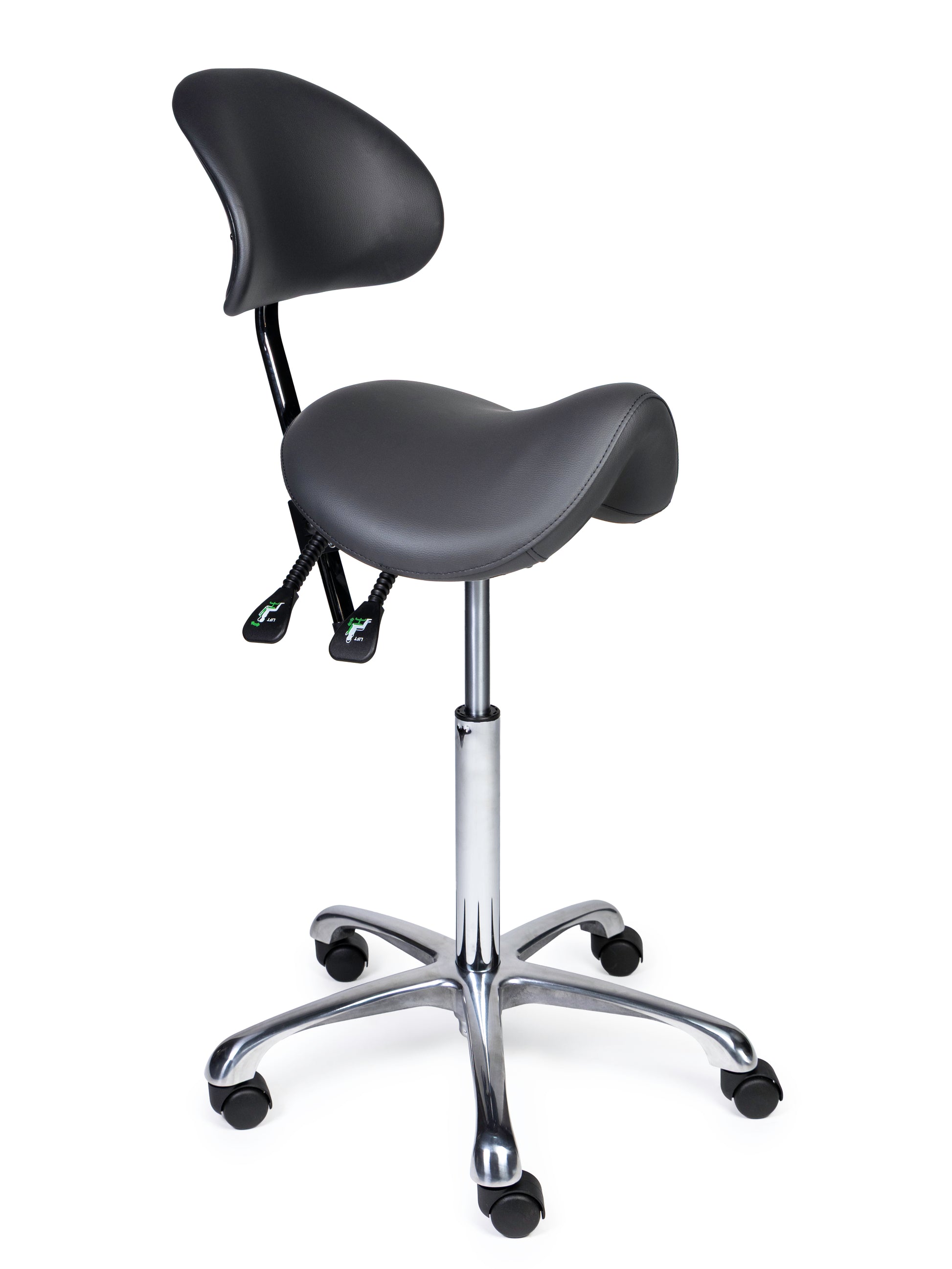 Ergonomischer Sattelhocker mit Rückenlehne Premium Grau auf Rollen