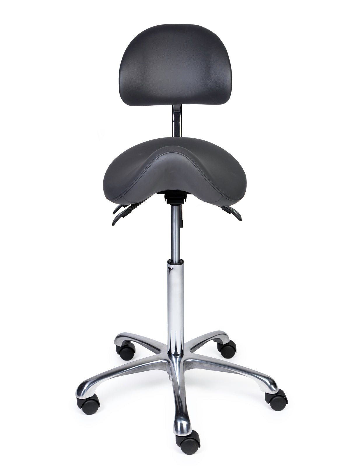 Ergonomischer Sattelhocker mit Rückenlehne Premium Grau auf Rollen