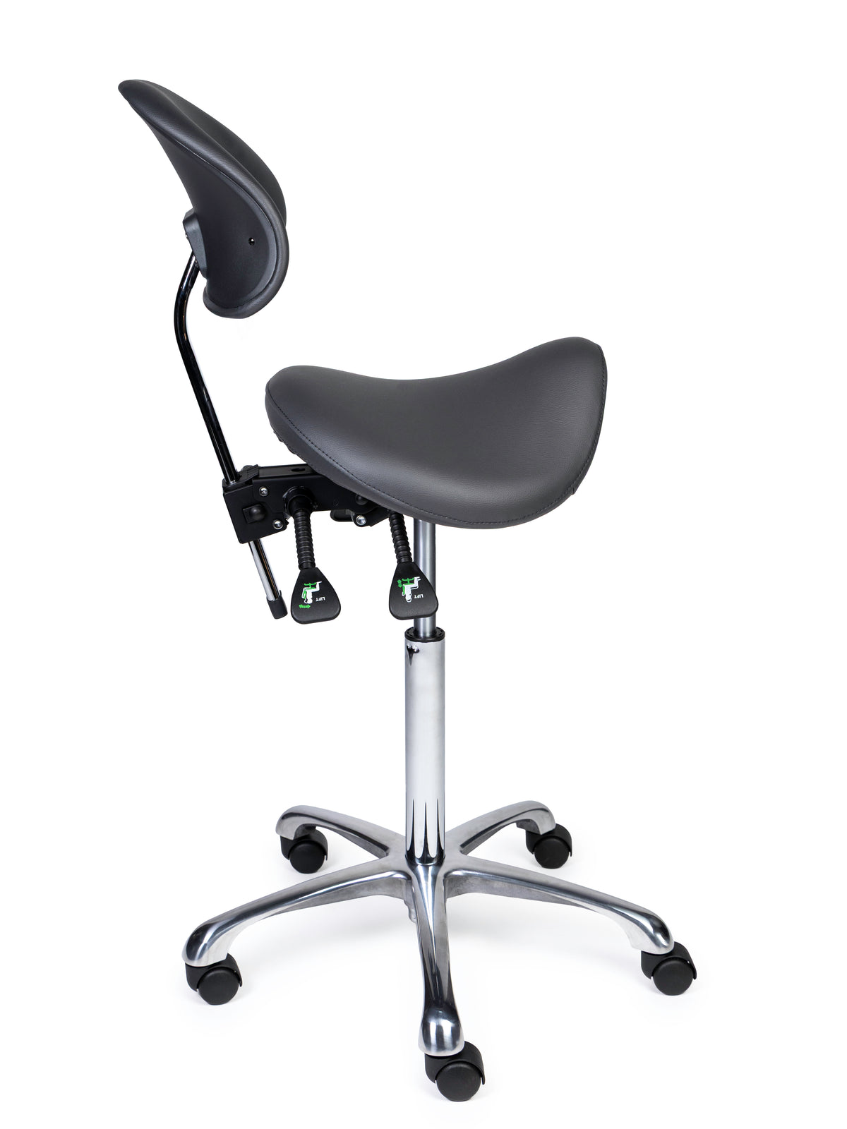 Ergonomischer Sattelhocker mit Rückenlehne Premium Grau auf Rollen