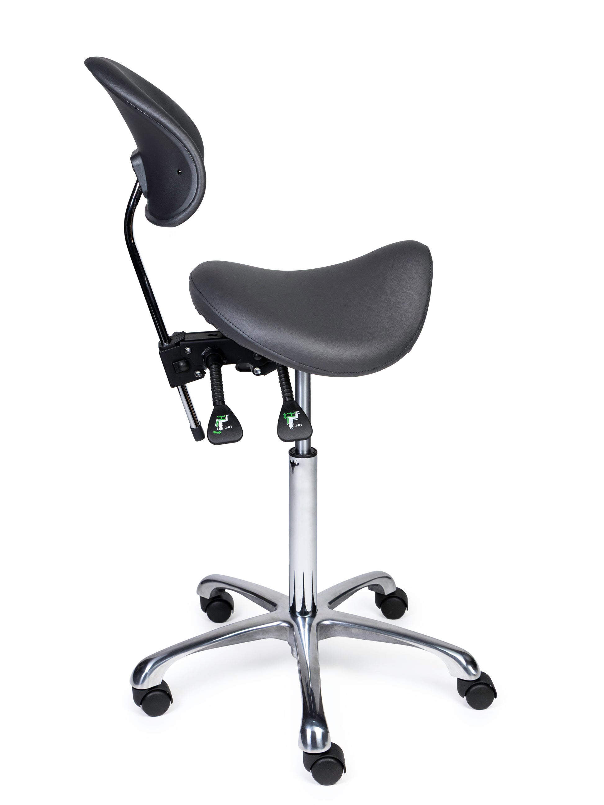 Ergonomischer Sattelhocker mit Rückenlehne Premium Grau auf Rollen