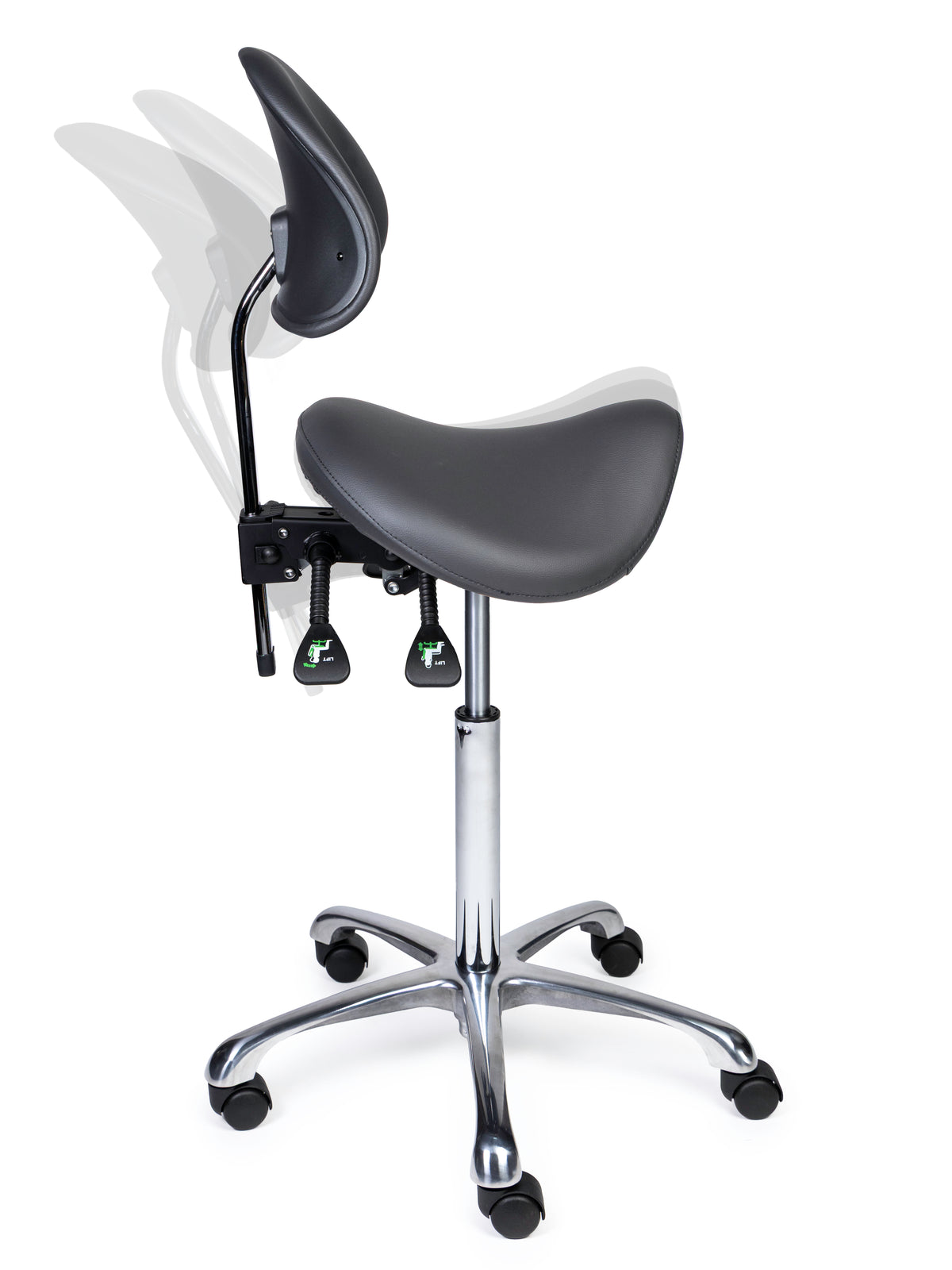 Ergonomischer Sattelhocker mit Rückenlehne Premium Grau auf Rollen