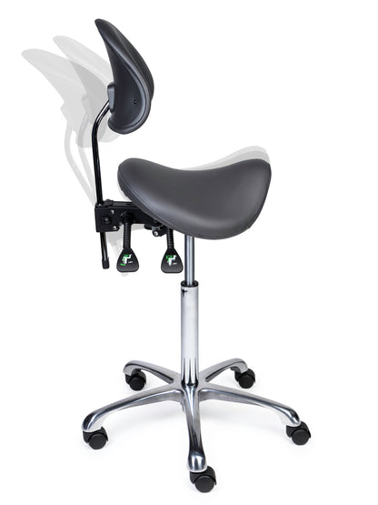 Ergonomischer Sattelhocker mit Rückenlehne Premium Grau auf Rollen