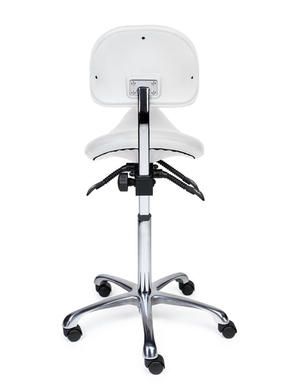 Ergonomischer Sattelhocker mit Rückenlehne Premium Weiß auf Rollen