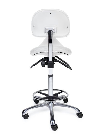Ergonomischer Sattelhocker mit Rückenlehne Premium Weiß auf Rollen