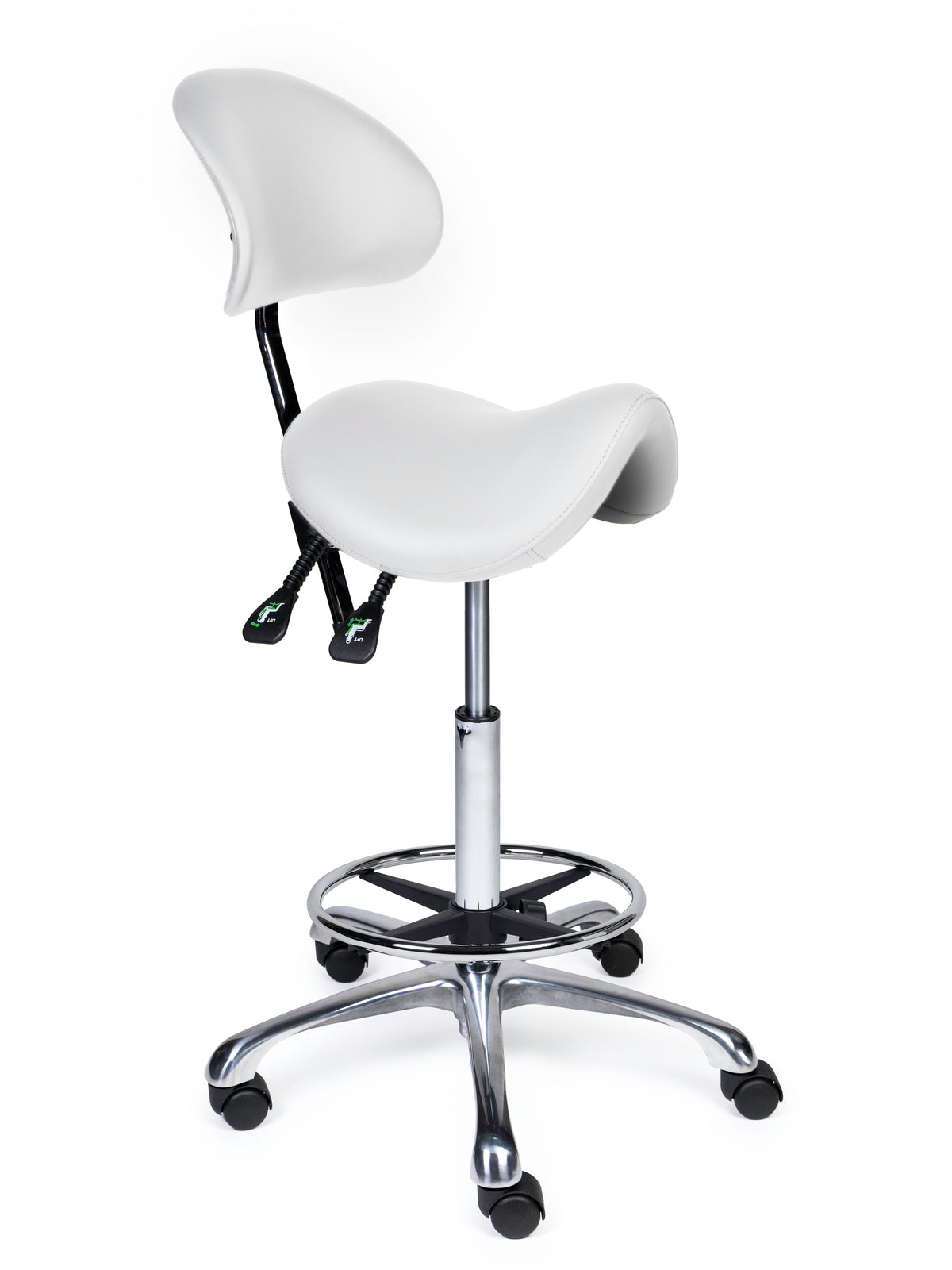 Ergonomischer Sattelhocker mit Rückenlehne Premium Weiß auf Rollen