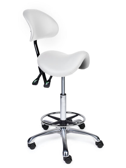 Ergonomischer Sattelhocker mit Rückenlehne Premium Weiß auf Rollen