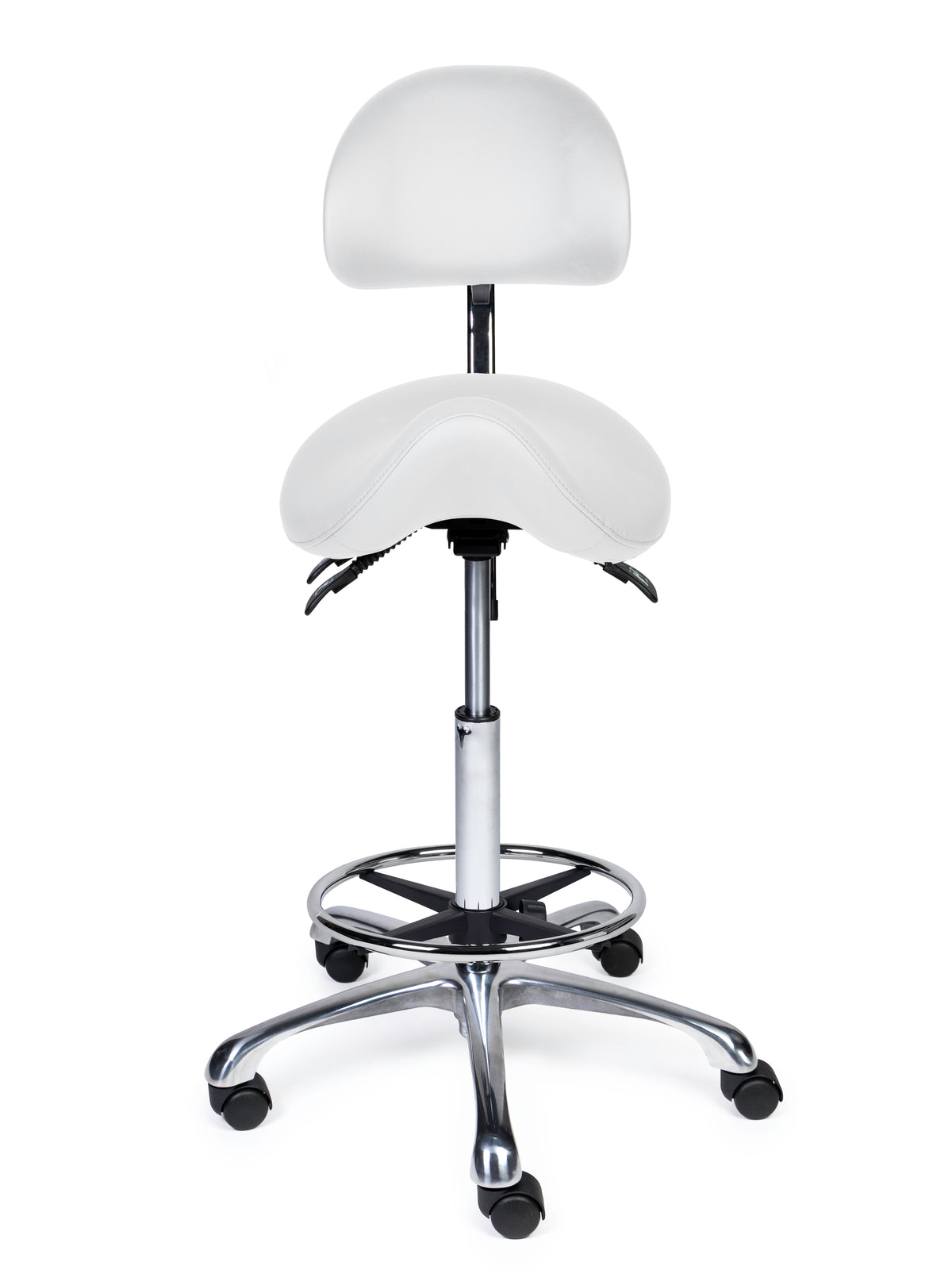 Ergonomischer Sattelhocker mit Rückenlehne Premium Weiß auf Rollen