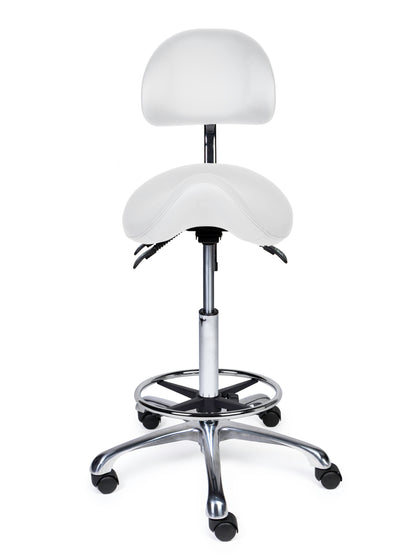Ergonomischer Sattelhocker mit Rückenlehne Premium Weiß auf Rollen