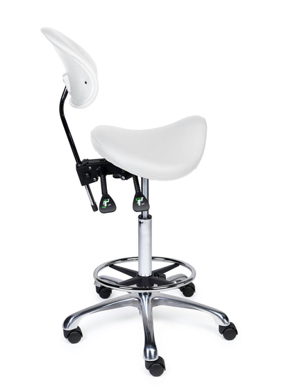 Ergonomischer Sattelhocker mit Rückenlehne Premium Weiß auf Rollen