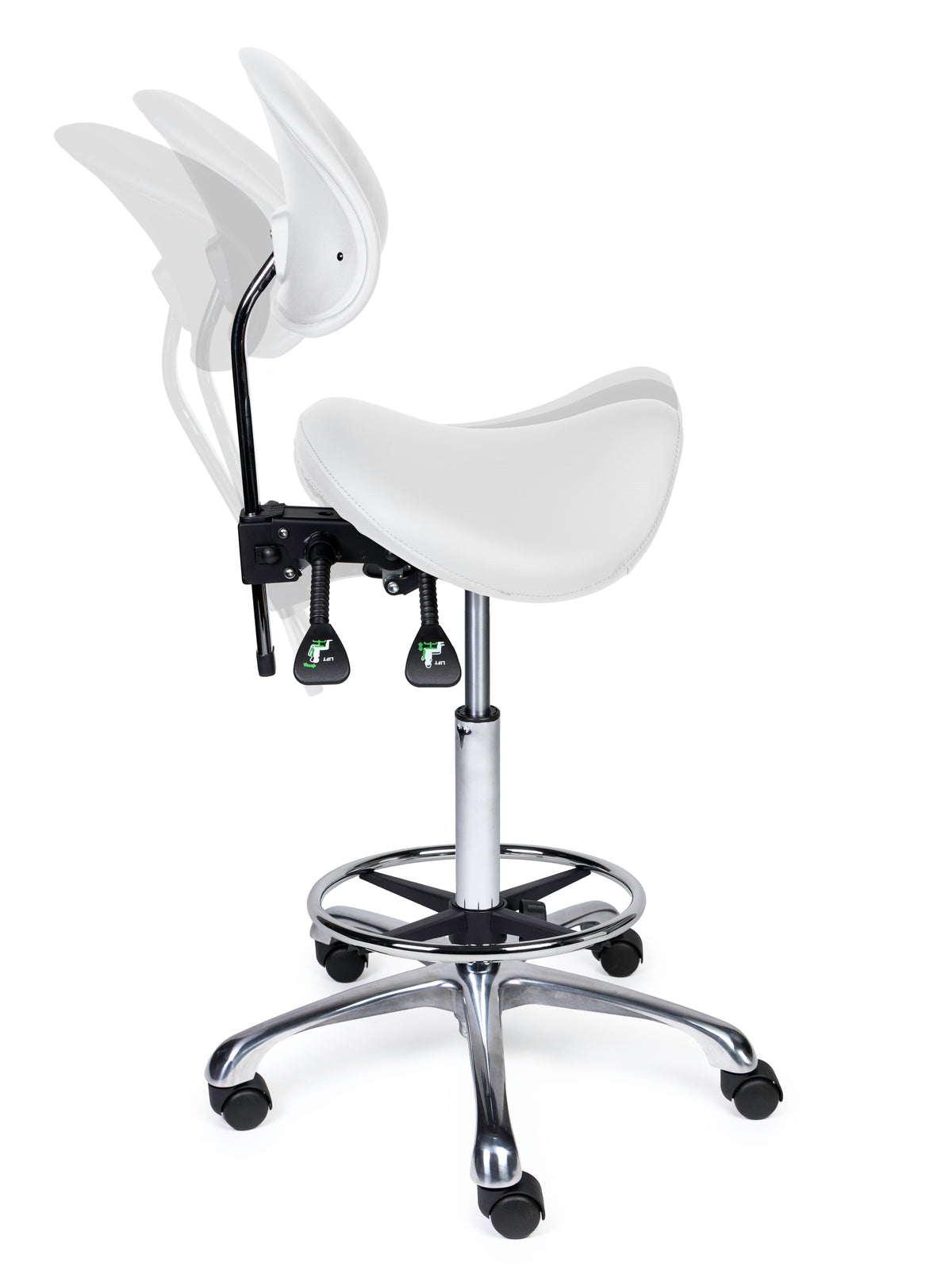 Ergonomischer Sattelhocker mit Rückenlehne Premium Weiß auf Rollen