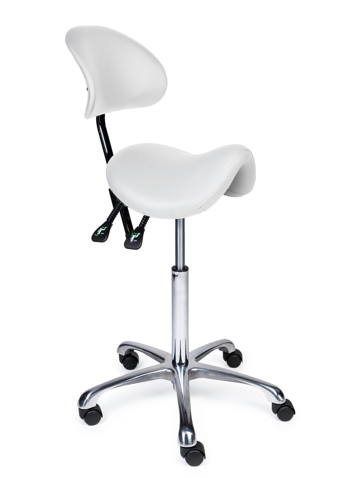 Ergonomischer Sattelhocker mit Rückenlehne Premium Weiß auf Rollen