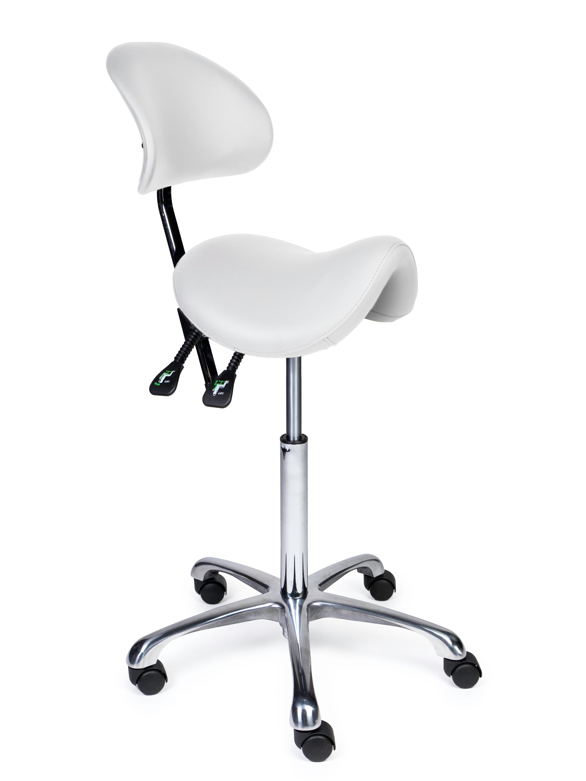Ergonomischer Sattelhocker mit Rückenlehne Premium Weiss auf Rollen