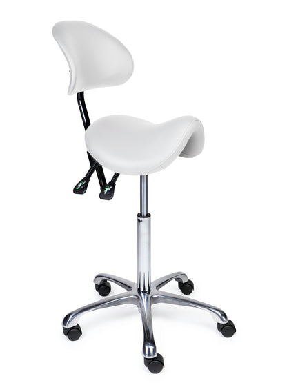 Ergonomischer Sattelhocker mit Rückenlehne Premium Weiß auf Rollen