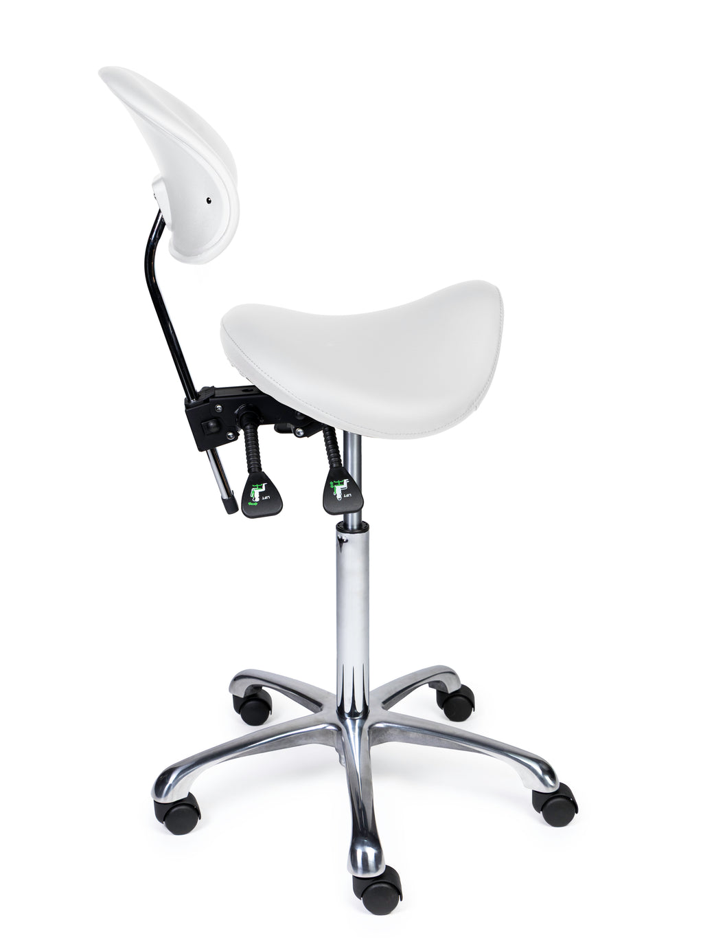 Ergonomischer Sattelhocker mit Rückenlehne Premium Weiss auf Rollen