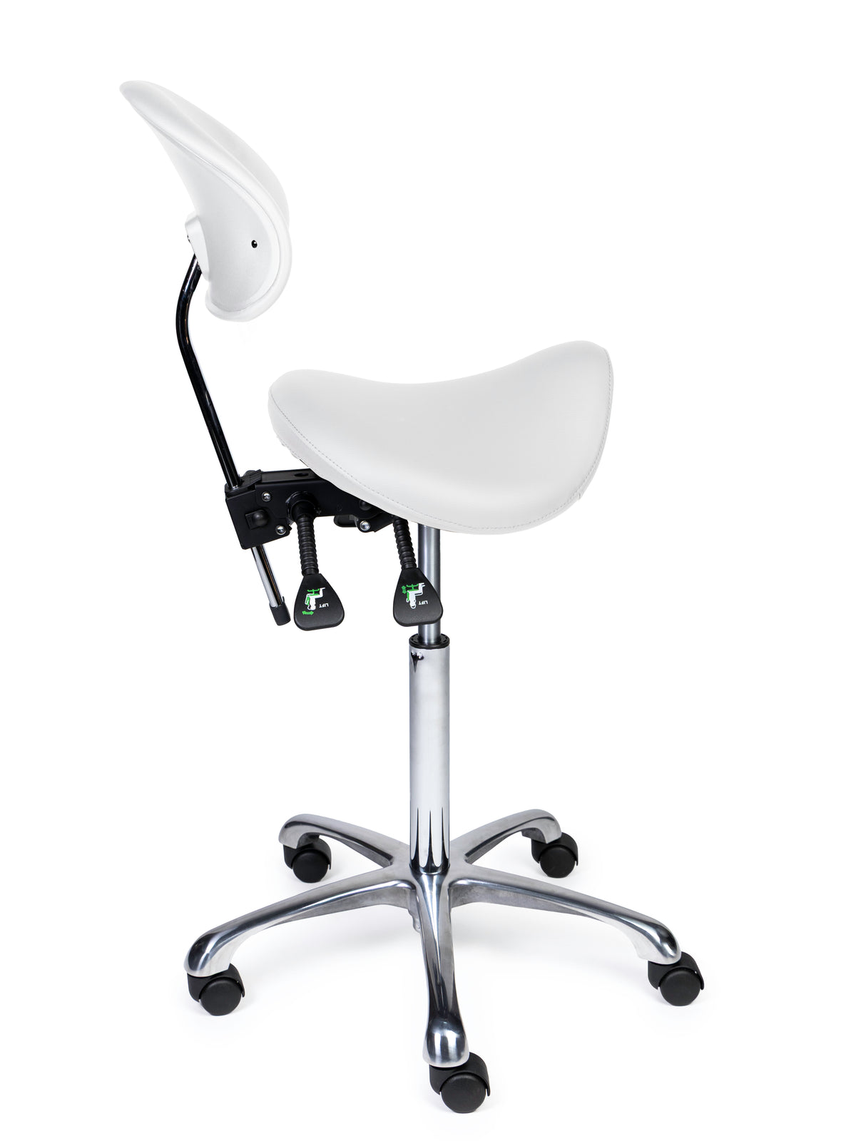 Ergonomischer Sattelhocker mit Rückenlehne Premium Weiß auf Rollen