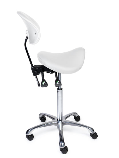 Ergonomischer Sattelhocker mit Rückenlehne Premium Weiß auf Rollen