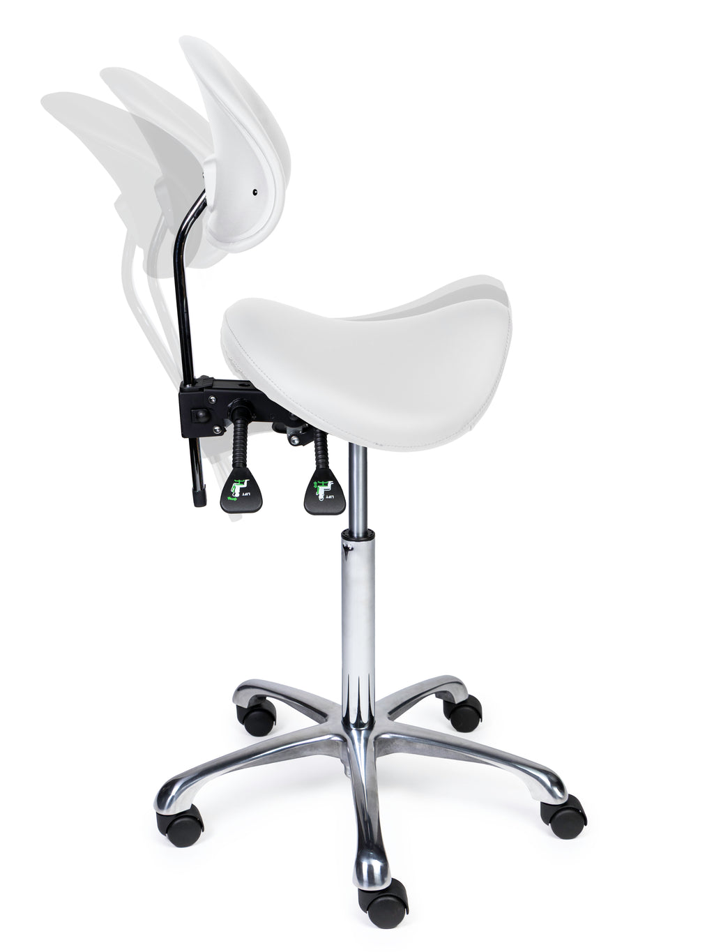 Ergonomischer Sattelhocker mit Rückenlehne Premium Weiss auf Rollen
