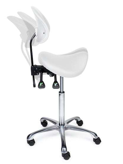 Ergonomischer Sattelhocker mit Rückenlehne Premium Weiß auf Rollen