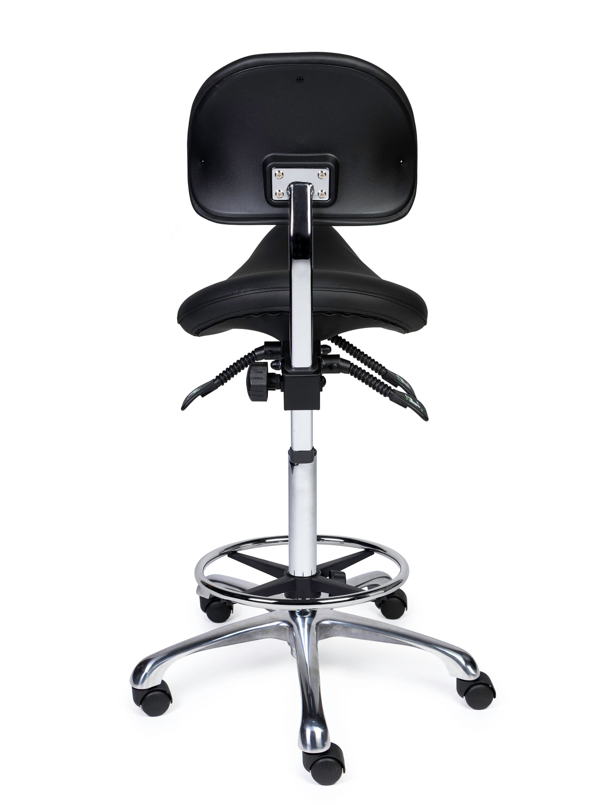 Ergonomischer Sattelhocker mit Rückenlehne Premium Schwarz auf Rollen