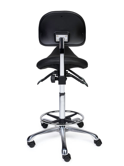 Ergonomischer Sattelhocker mit Rückenlehne Premium Schwarz auf Rollen