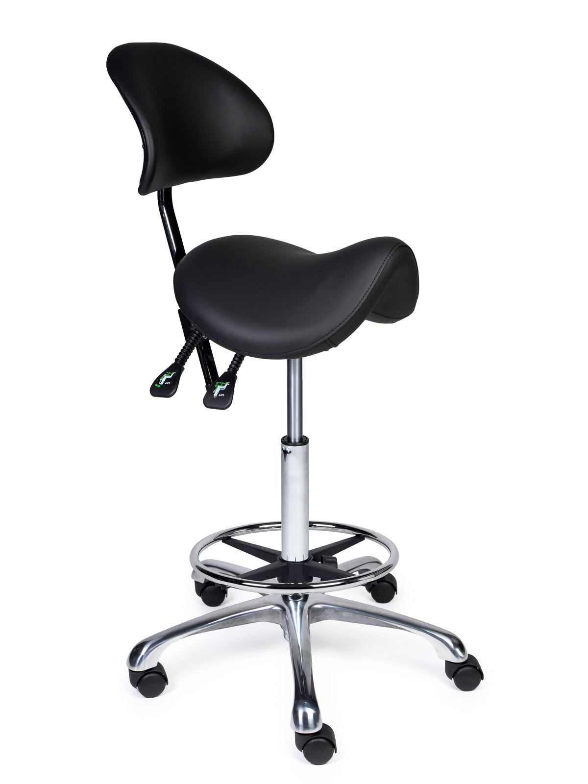 Ergonomischer Sattelhocker mit Rückenlehne Premium Schwarz auf Rollen