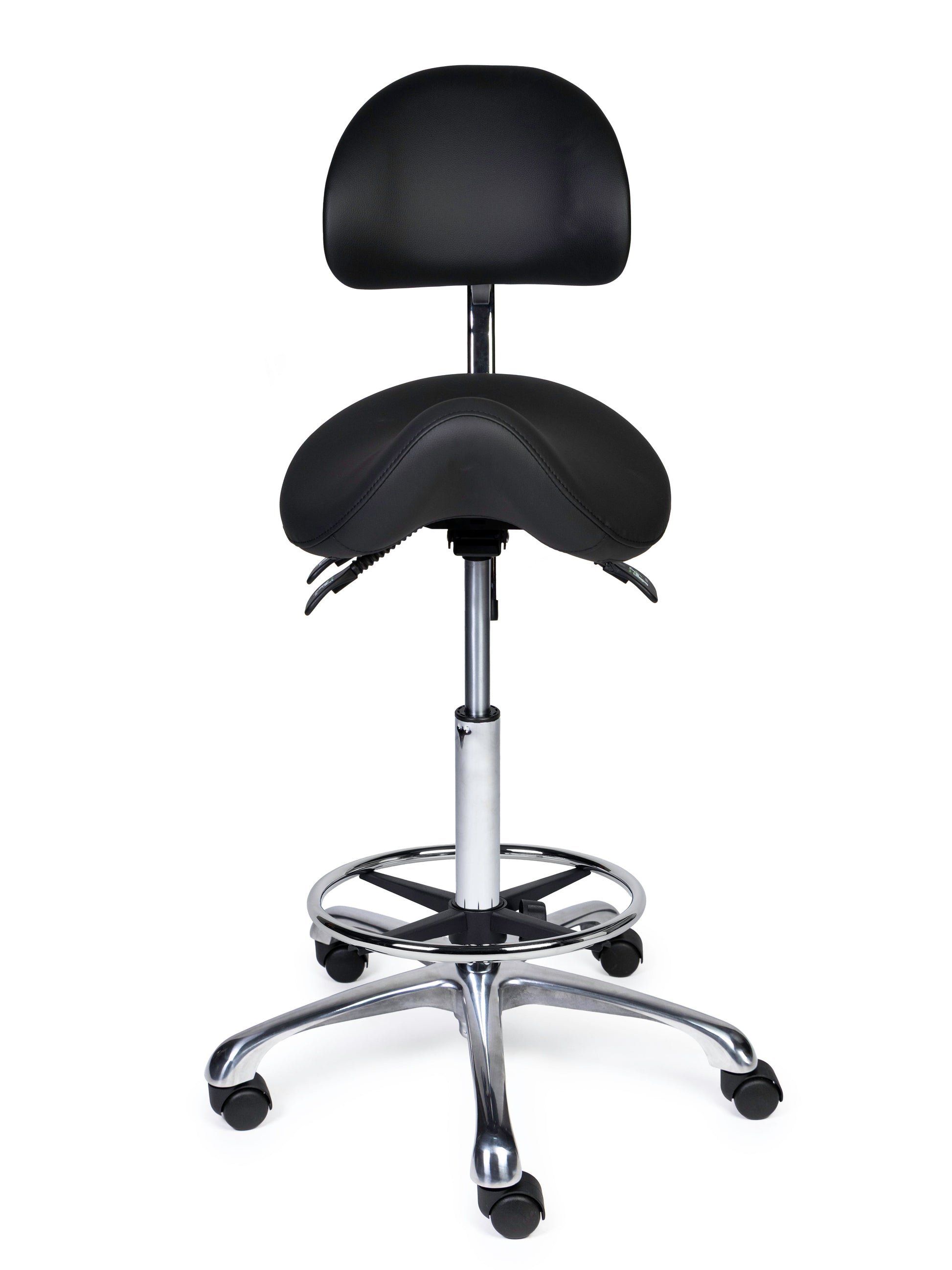 Ergonomischer Sattelhocker mit Rückenlehne Premium Schwarz auf Rollen