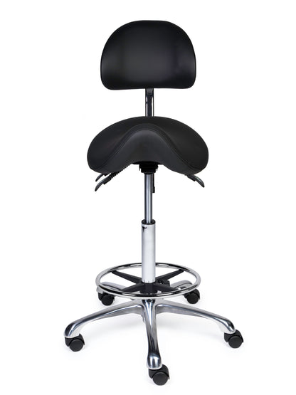 Ergonomischer Sattelhocker mit Rückenlehne Premium Schwarz auf Rollen