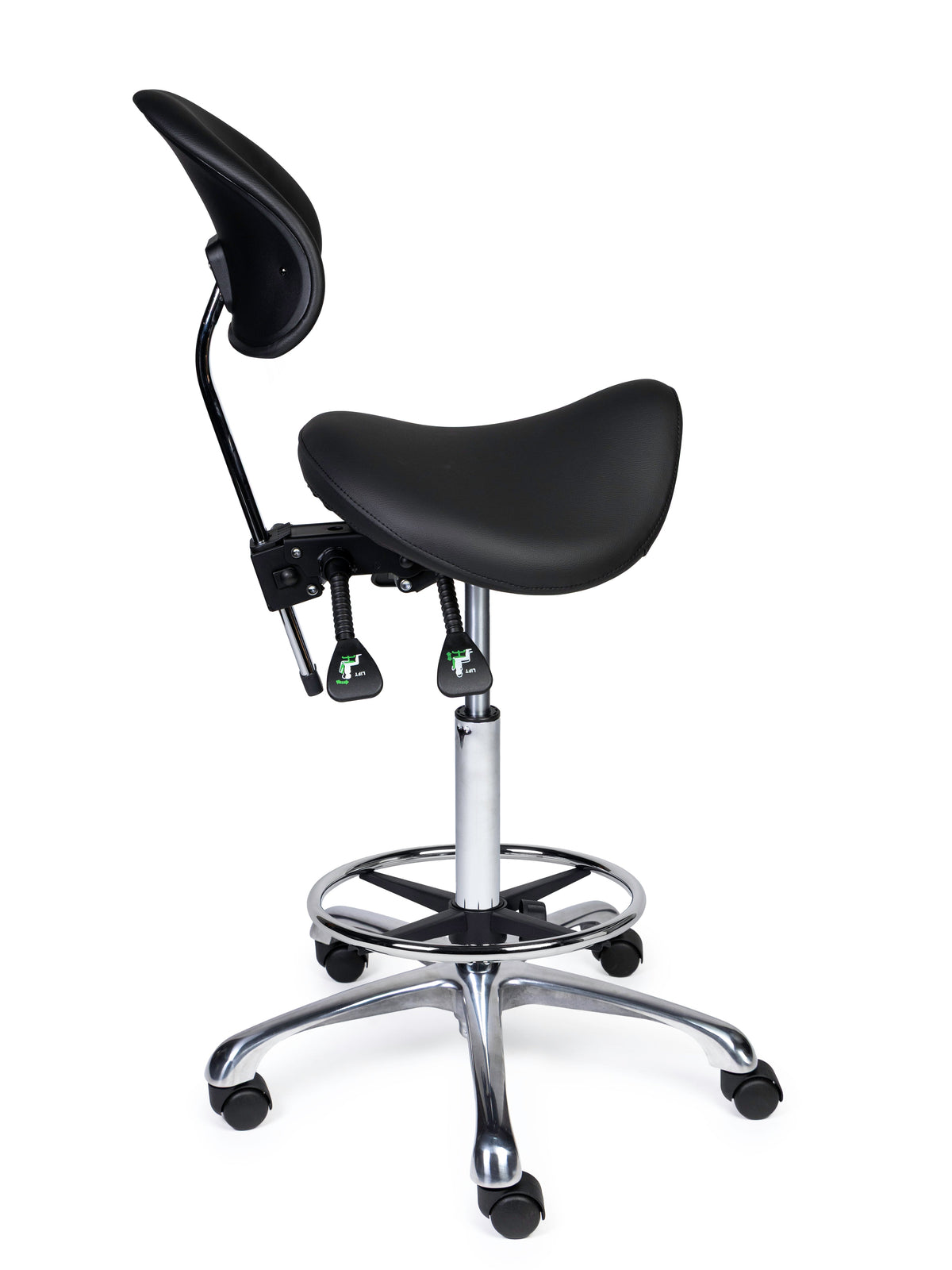 Ergonomischer Sattelhocker mit Rückenlehne Premium Schwarz auf Rollen