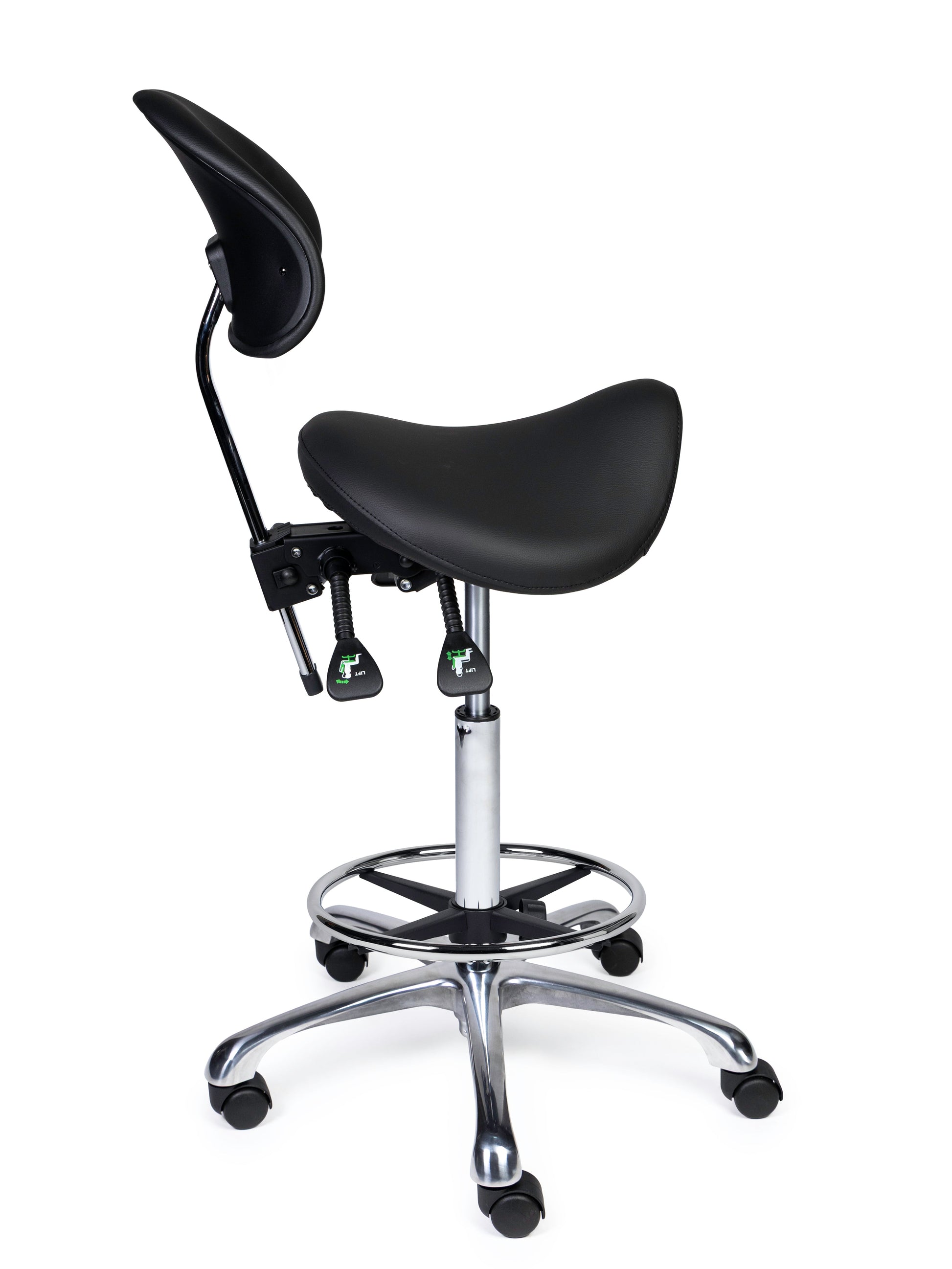 Ergonomischer Sattelhocker mit Rückenlehne Premium Schwarz auf Rollen