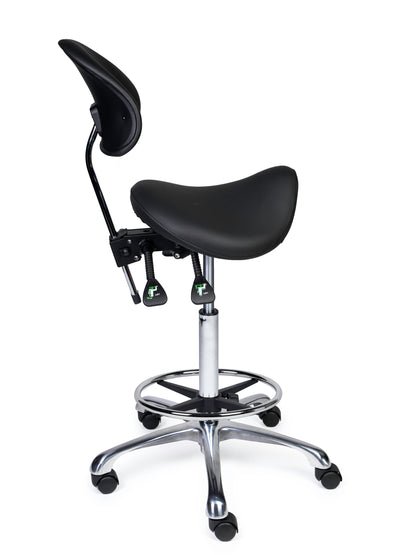 Ergonomischer Sattelhocker mit Rückenlehne Premium Schwarz auf Rollen