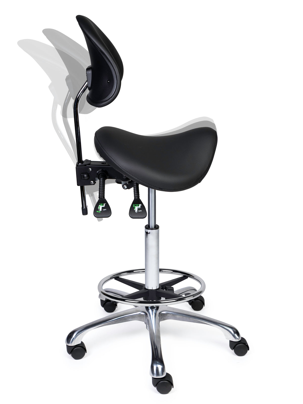 Ergonomischer Sattelhocker mit Rückenlehne Premium Schwarz auf Rollen