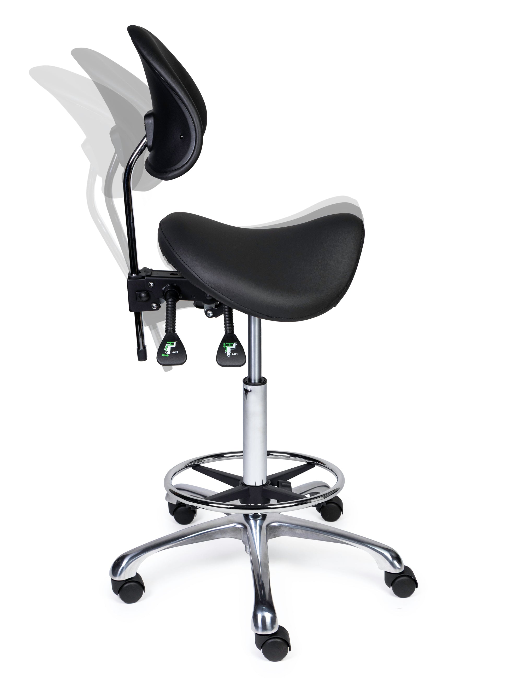Ergonomischer Sattelhocker mit Rückenlehne Premium Schwarz auf Rollen
