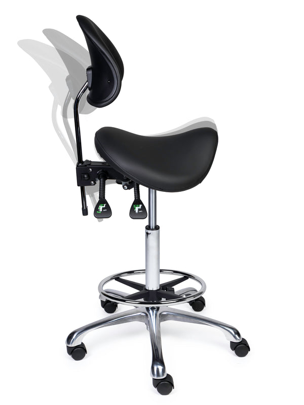 Ergonomischer Sattelhocker mit Rückenlehne Premium Schwarz auf Rollen