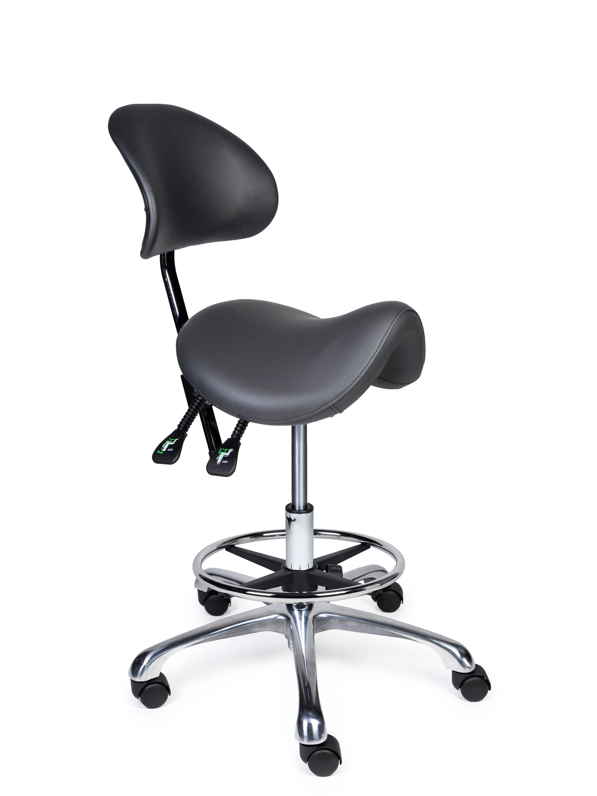 Ergonomischer Sattelhocker mit Rückenlehne Premium Grau auf Rollen
