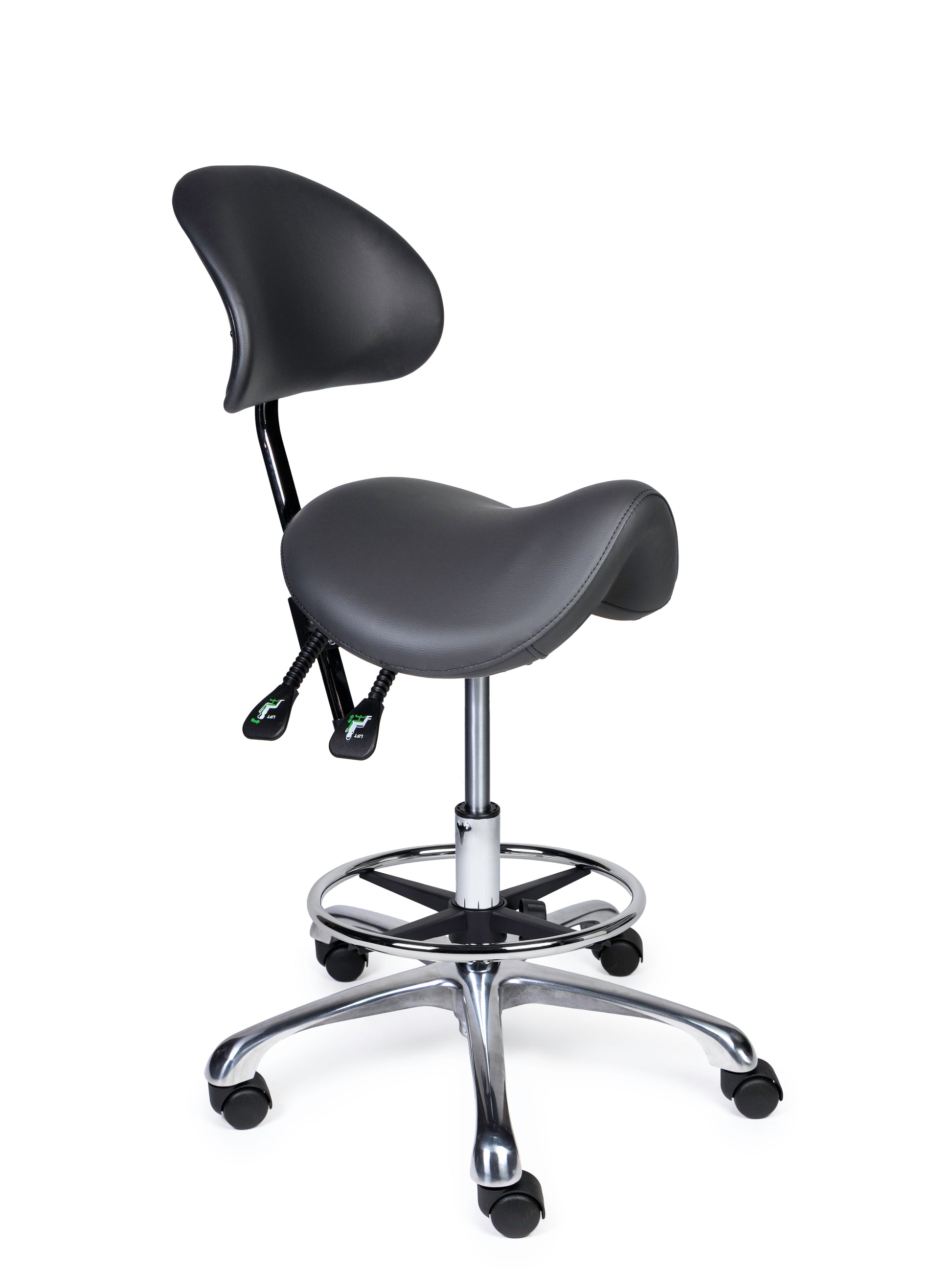 Ergonomischer Sattelhocker mit Rückenlehne Premium Grau auf Rollen