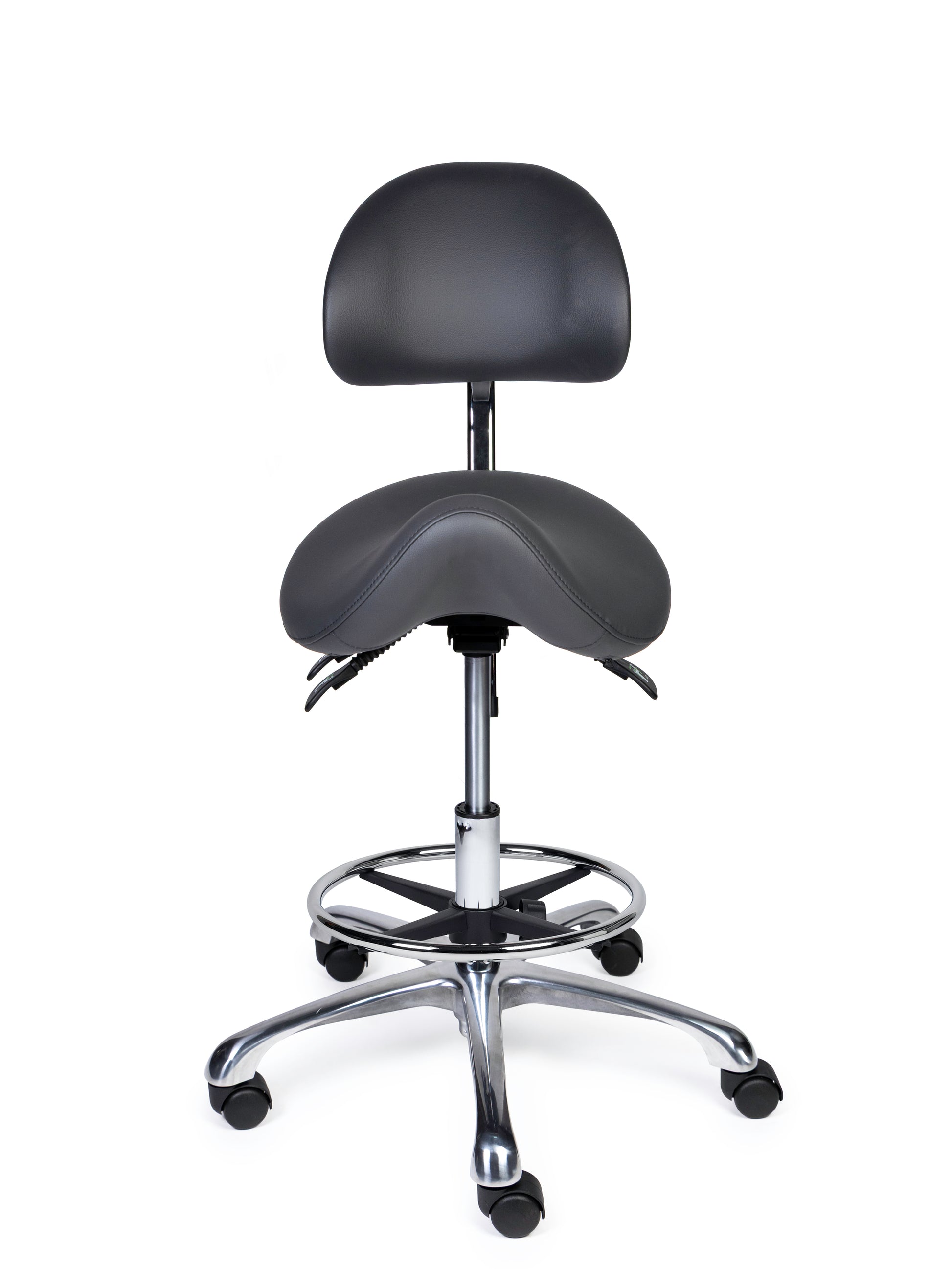 Ergonomischer Sattelhocker mit Rückenlehne Premium Grau auf Rollen