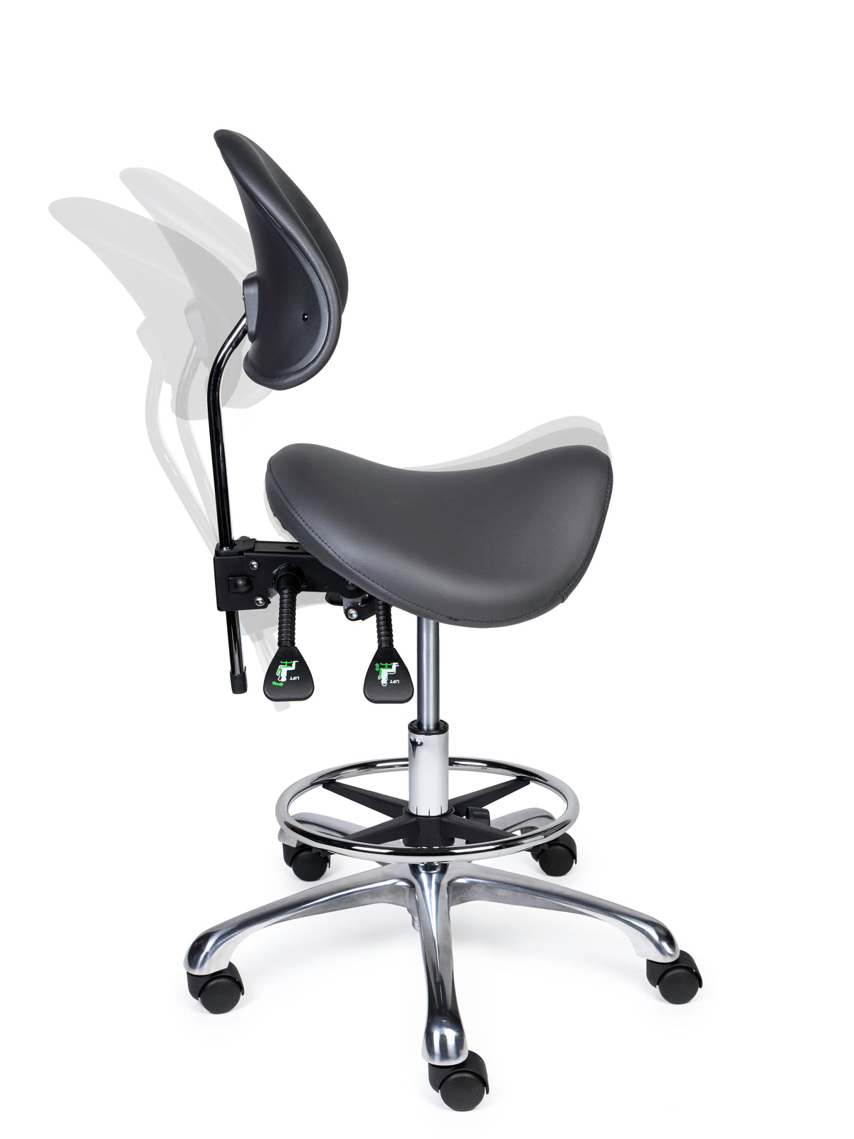 Ergonomischer Sattelhocker mit Rückenlehne Premium Grau auf Rollen