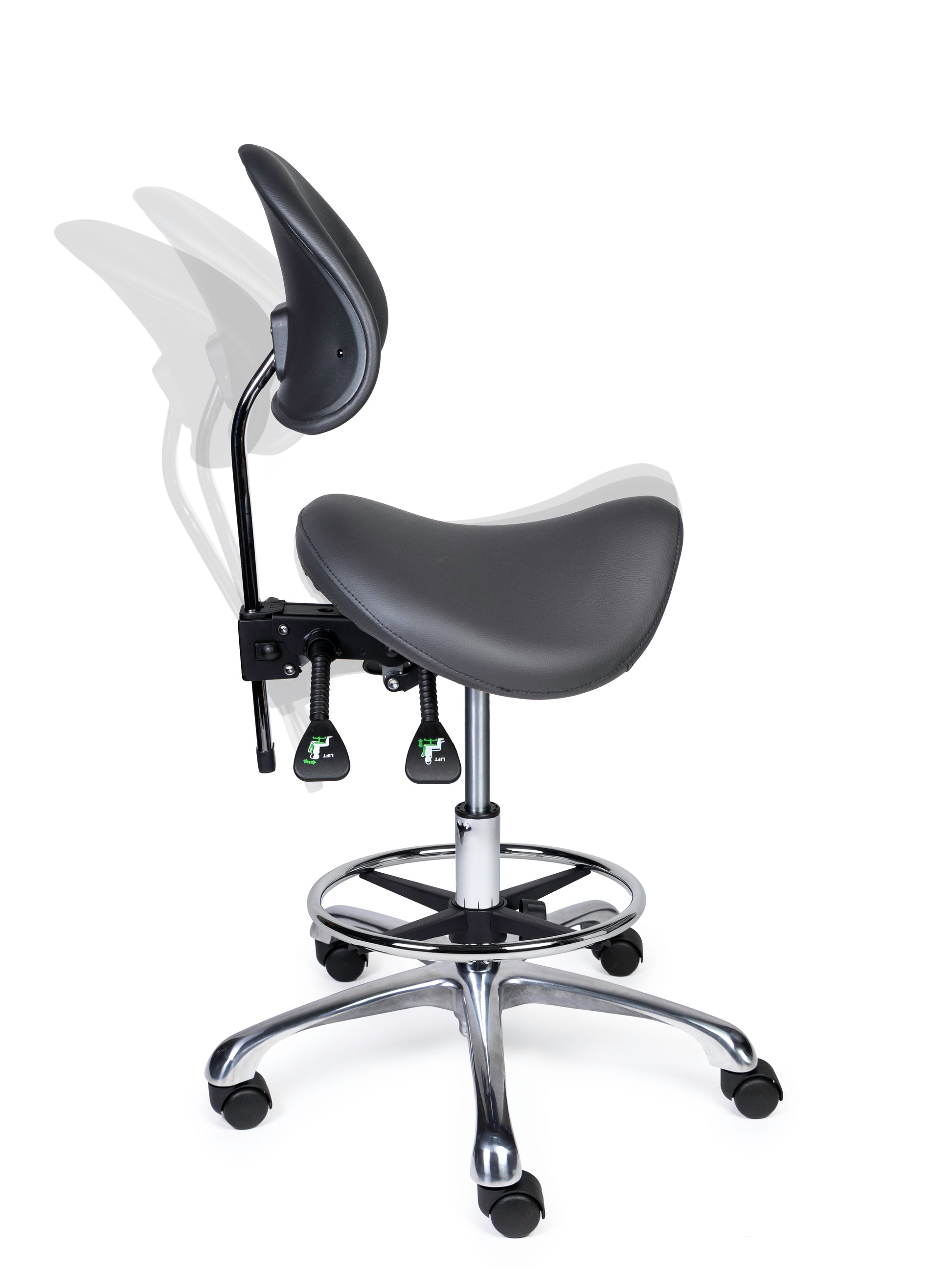Ergonomischer Sattelhocker mit Rückenlehne Premium Grau auf Rollen