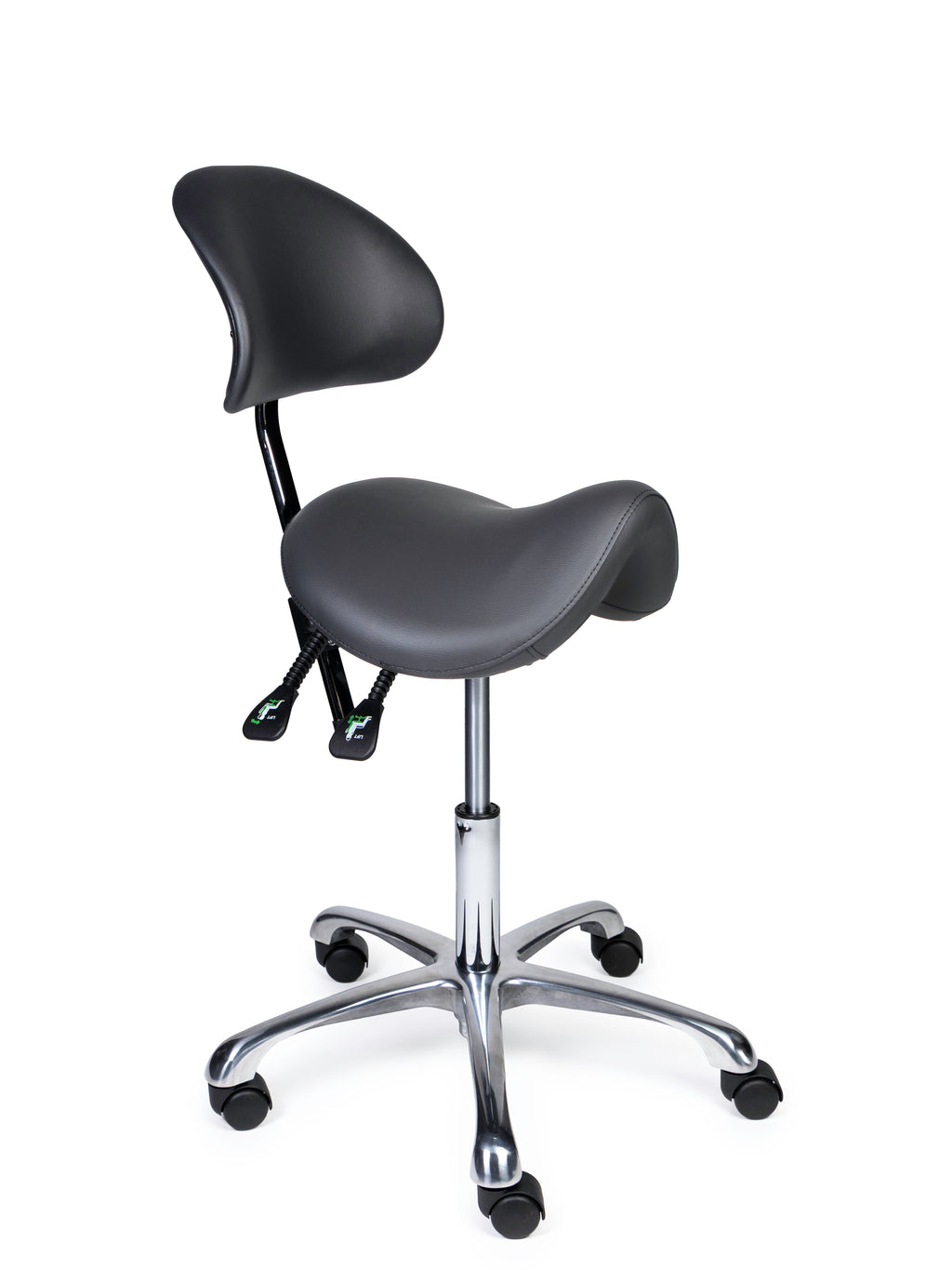 Ergonomischer Sattelhocker mit Rückenlehne Premium Grau auf Rollen