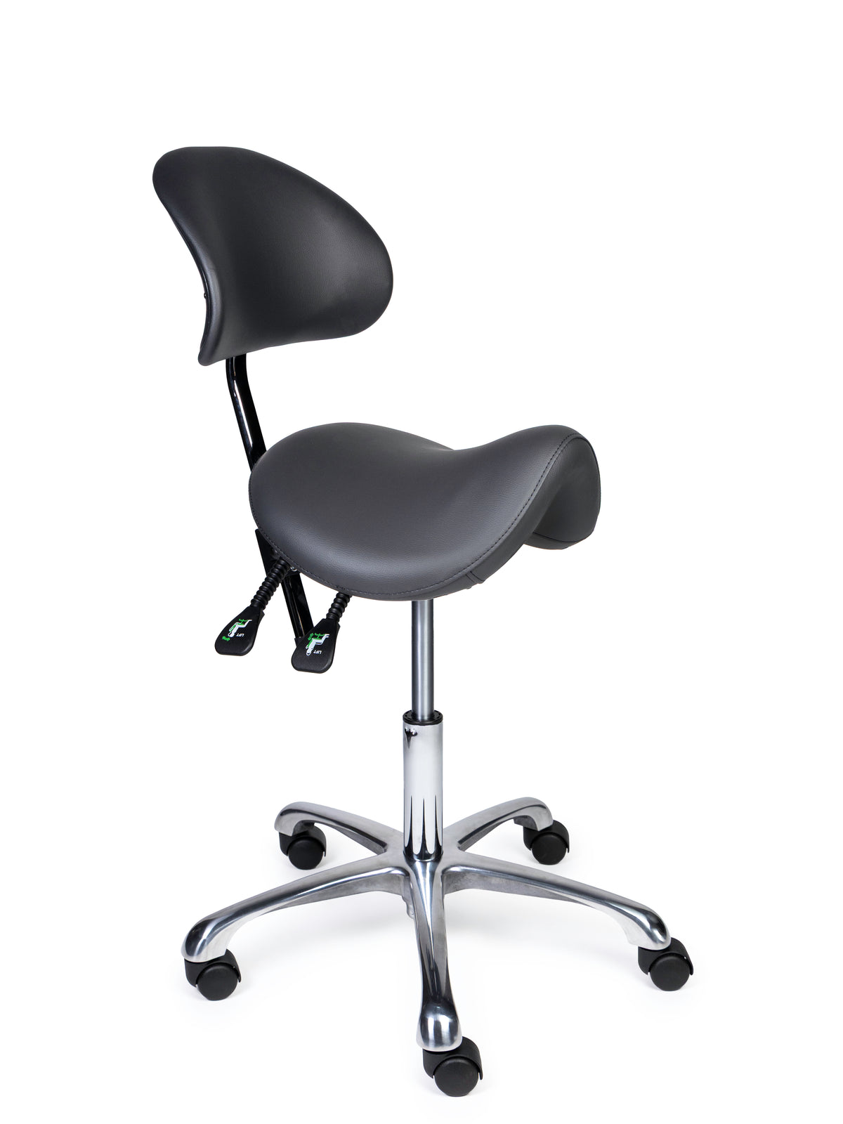 Ergonomischer Sattelhocker mit Rückenlehne Premium Grau auf Rollen