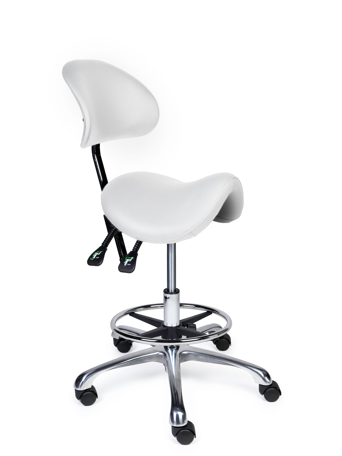 Ergonomischer Sattelhocker mit Rückenlehne Premium Weiß auf Rollen