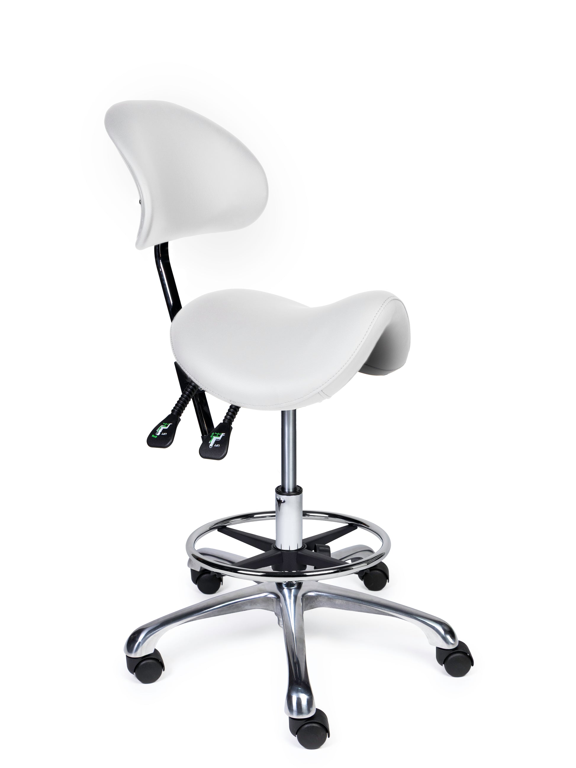 Ergonomischer Sattelhocker mit Rückenlehne Premium Weiss auf Rollen